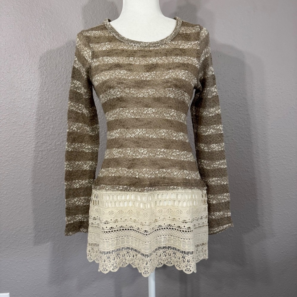 Altar'd State Women's Size S Brown Lace Trim Striped Knit Tunic Sweater AT5869-B